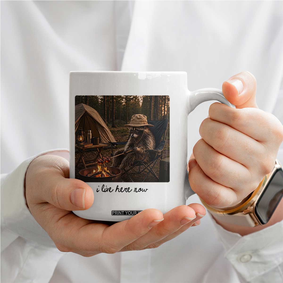 Funny Camping Raccoon Coffee Mug I Live Here Now Outdoor Lover