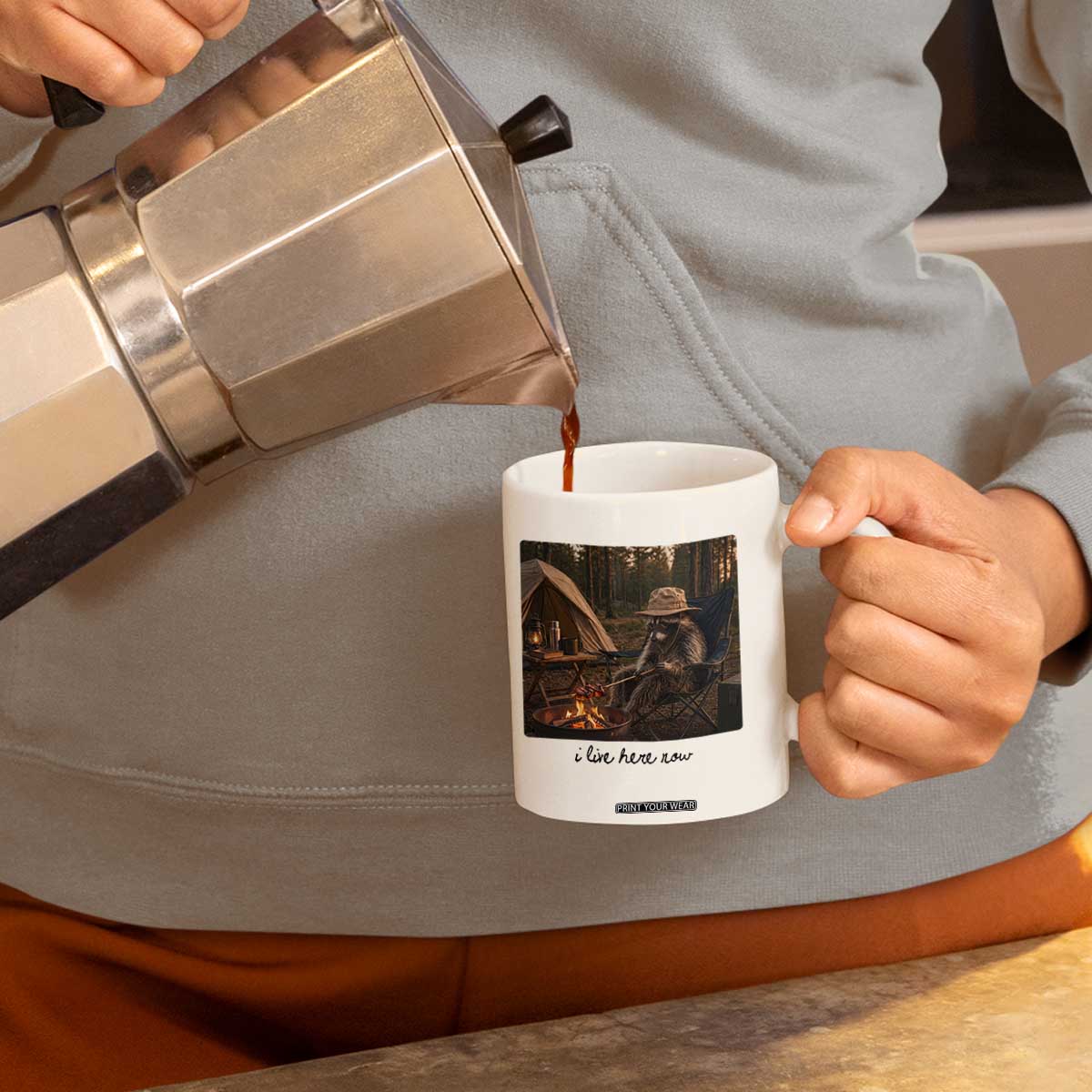 Funny Camping Raccoon Coffee Mug I Live Here Now Outdoor Lover