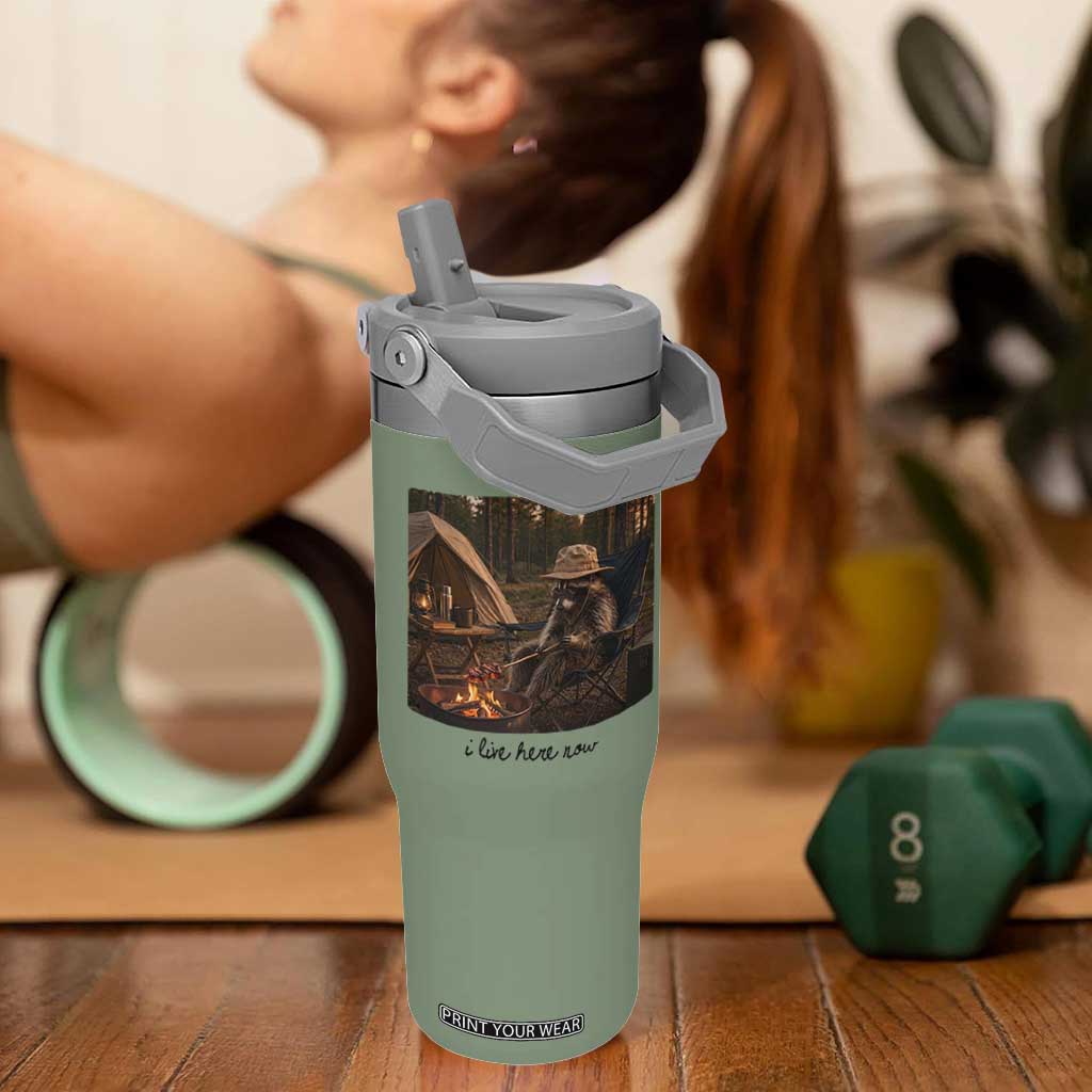 Funny Camping Raccoon Flip Straw Tumbler I Live Here Now Outdoor Lover