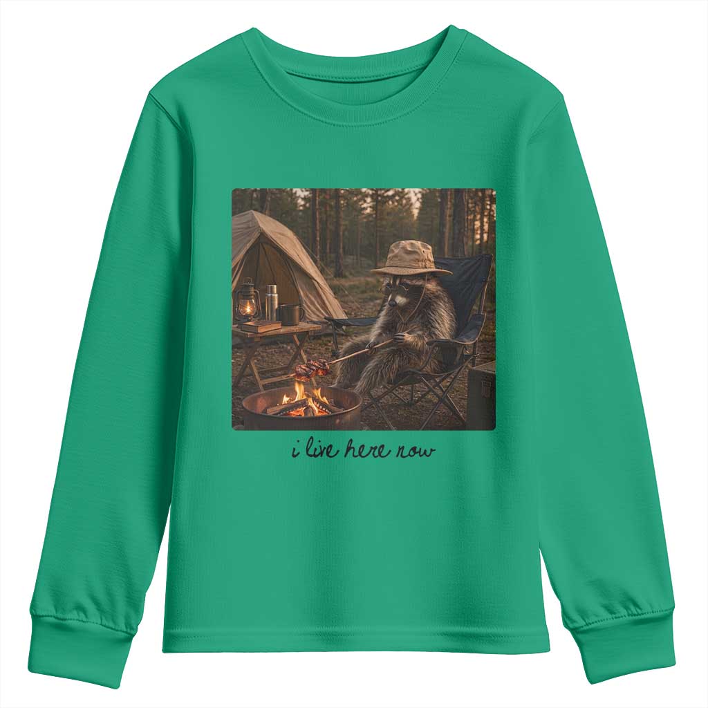 Funny Camping Raccoon Youth Sweatshirt I Live Here Now Outdoor Lover