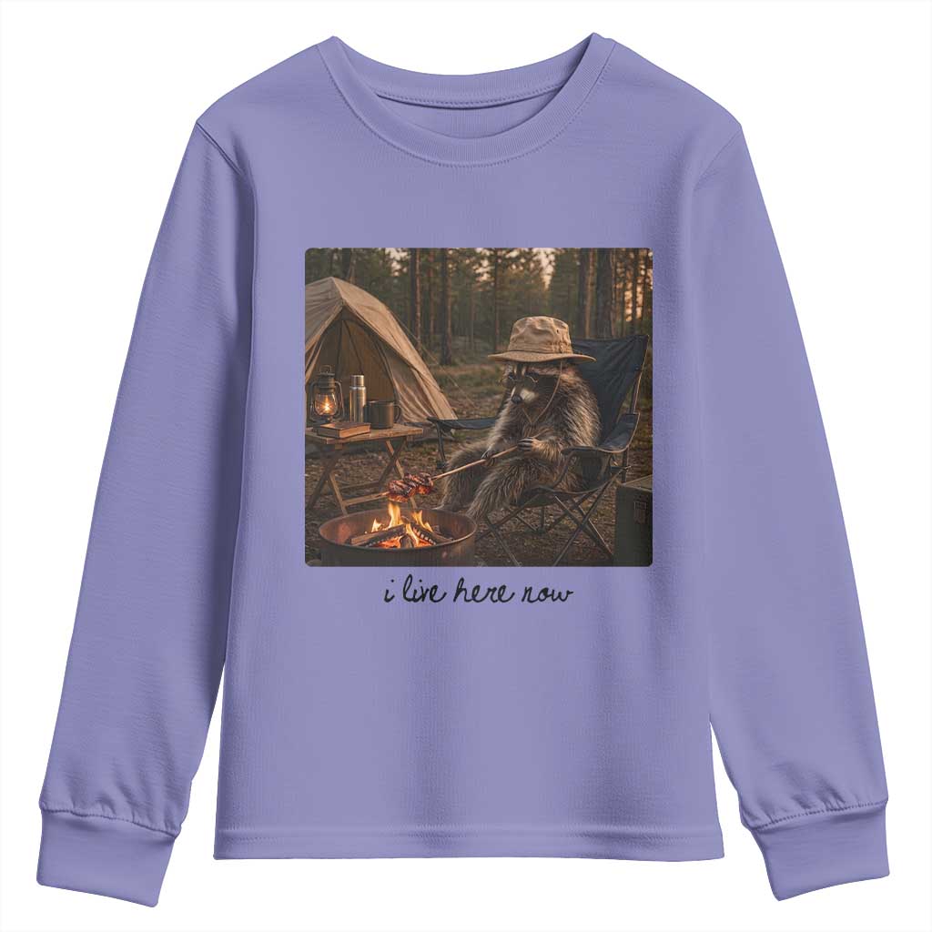 Funny Camping Raccoon Youth Sweatshirt I Live Here Now Outdoor Lover