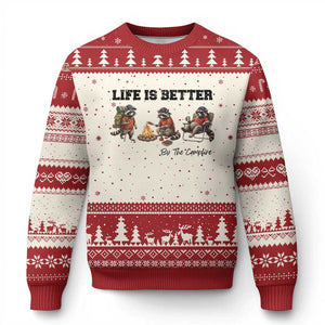Funny Camping Raccoon Ugly Christmas Sweater Life Is Better By The Campfire