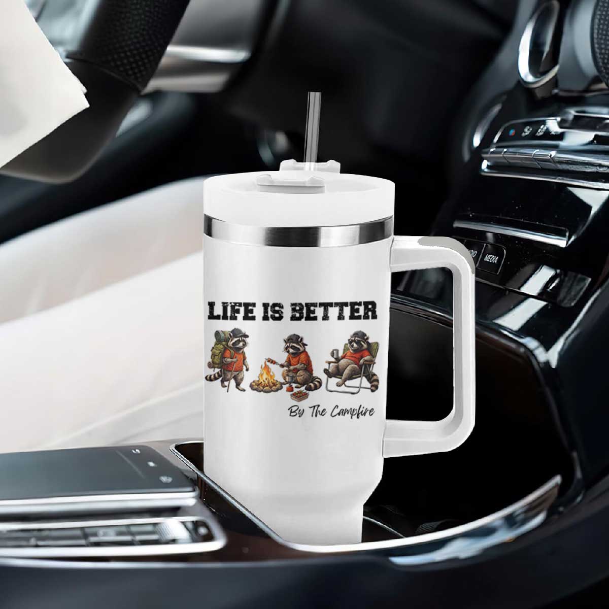 Funny Camping Raccoon Tumbler With Handle Life Is Better By The Campfire