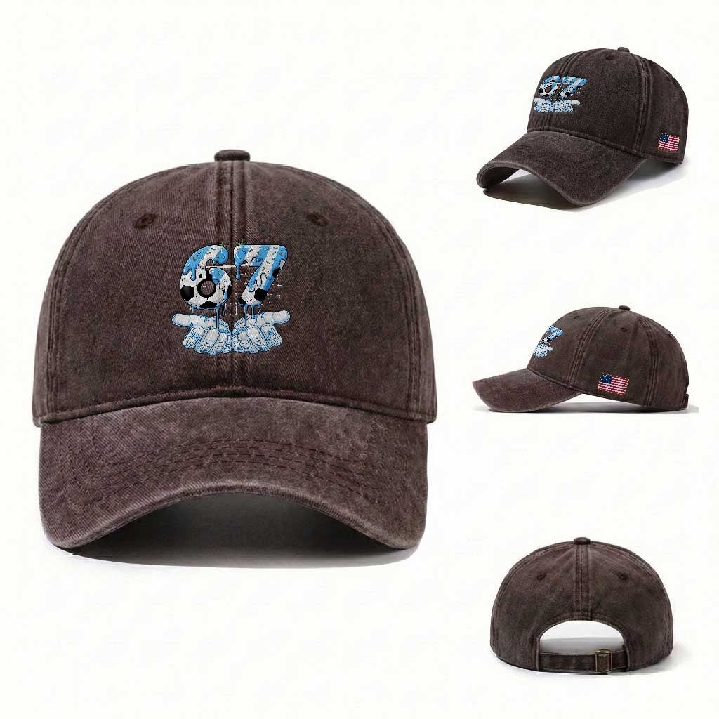 Funny Argentina Six Seven Football Meme Washed Cotton Baseball Cap Gen Alpha Soccer Fan