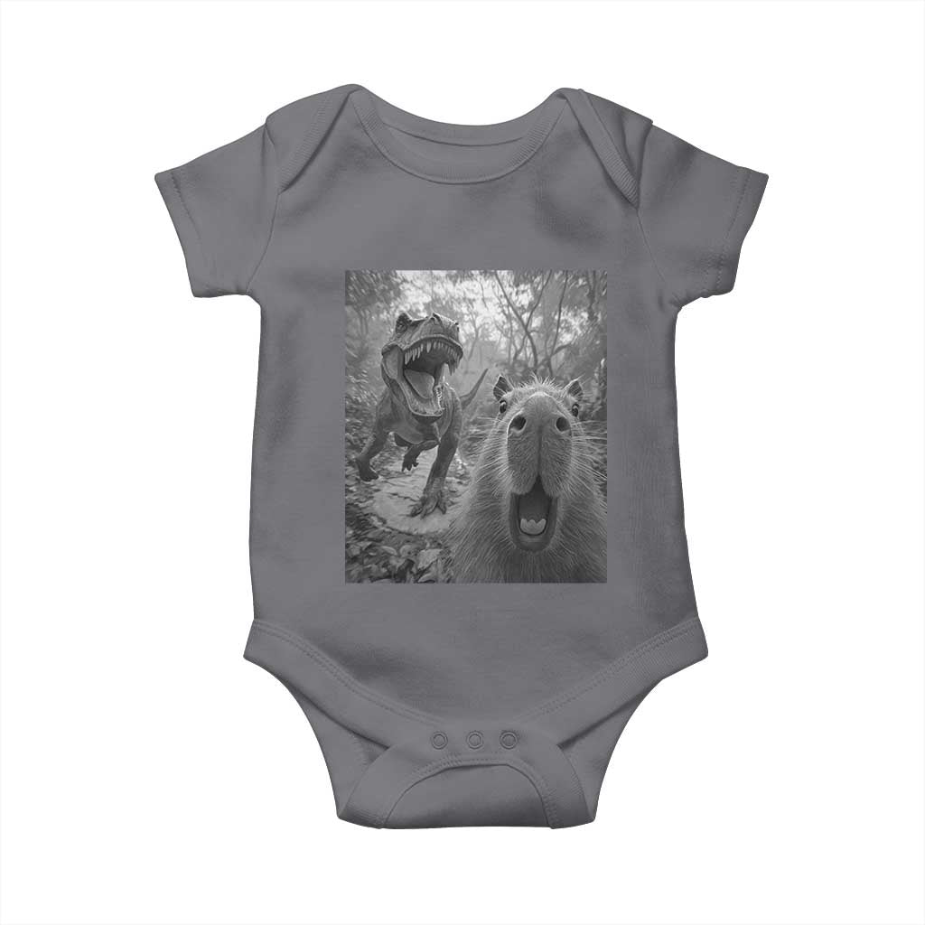 Funny Capybara Selfie With Dinosaur Meme Baby Onesie Animal Humor Gift TS12 Charcoal Print Your Wear