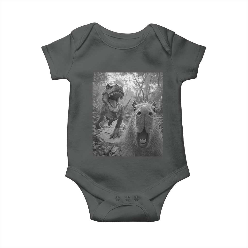Funny Capybara Selfie With Dinosaur Meme Baby Onesie Animal Humor Gift TS12 Dark Heather Print Your Wear