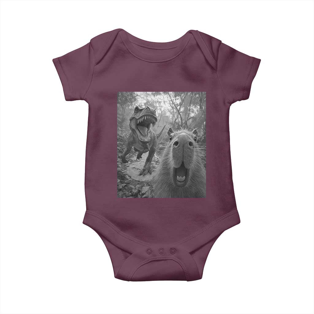 Funny Capybara Selfie With Dinosaur Meme Baby Onesie Animal Humor Gift TS12 Maroon Print Your Wear