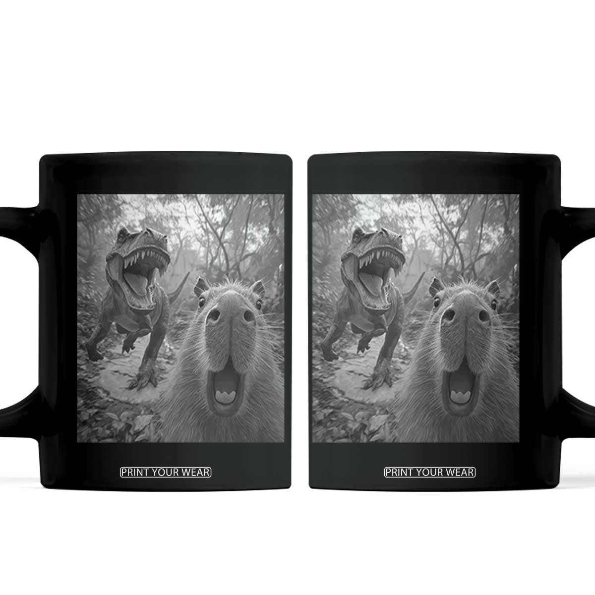 Funny Capybara Selfie With Dinosaur Meme Coffee Mug Animal Humor Gift TS12 Black Print Your Wear