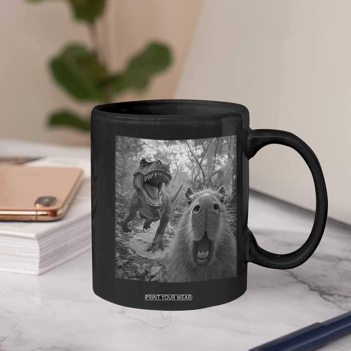 Funny Capybara Selfie With Dinosaur Meme Coffee Mug Animal Humor Gift TS12 Print Your Wear