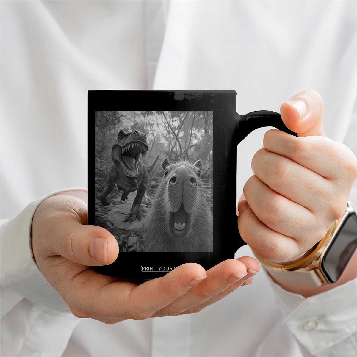 Funny Capybara Selfie With Dinosaur Meme Coffee Mug Animal Humor Gift TS12 Print Your Wear