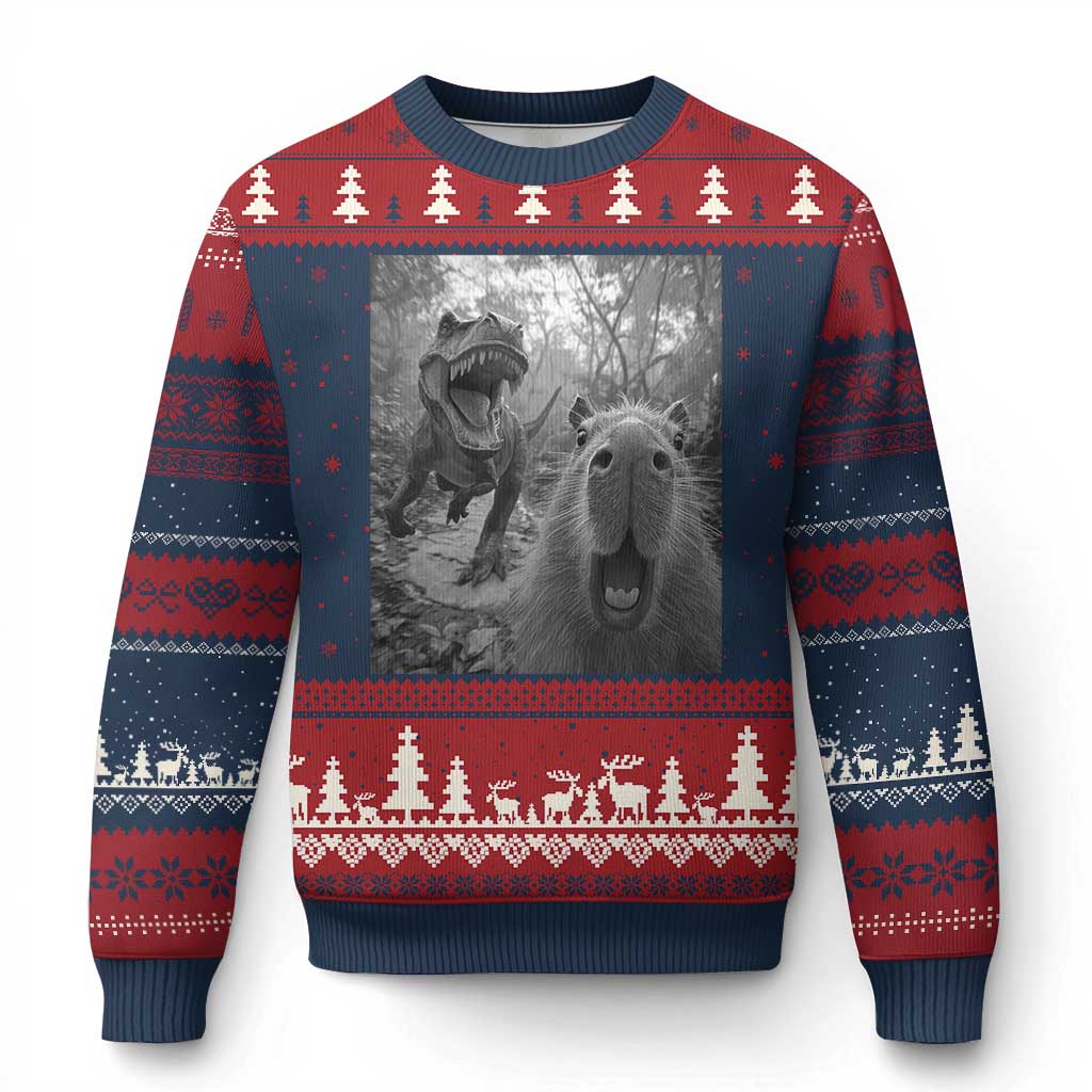 Funny Capybara Selfie With Dinosaur Meme Ugly Christmas Sweater Animal Humor Gift TS12 Navy Red Print Your Wear