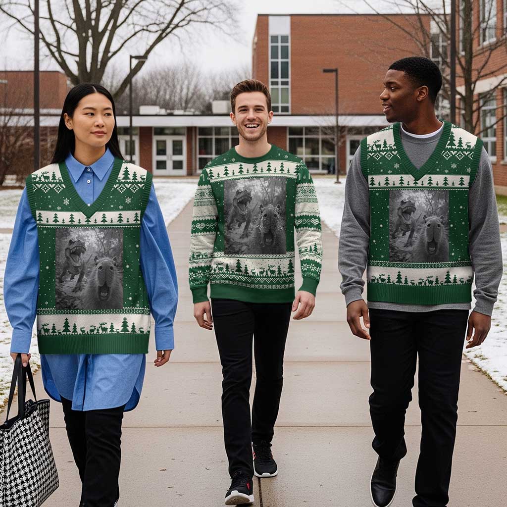 Funny Capybara Selfie With Dinosaur Meme V-Neck Knit Sweater Vest Animal Humor Gift TS12 Forest Green Beige Print Your Wear