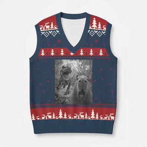 Funny Capybara Selfie With Dinosaur Meme V-Neck Knit Sweater Vest Animal Humor Gift TS12 Navy Red Print Your Wear