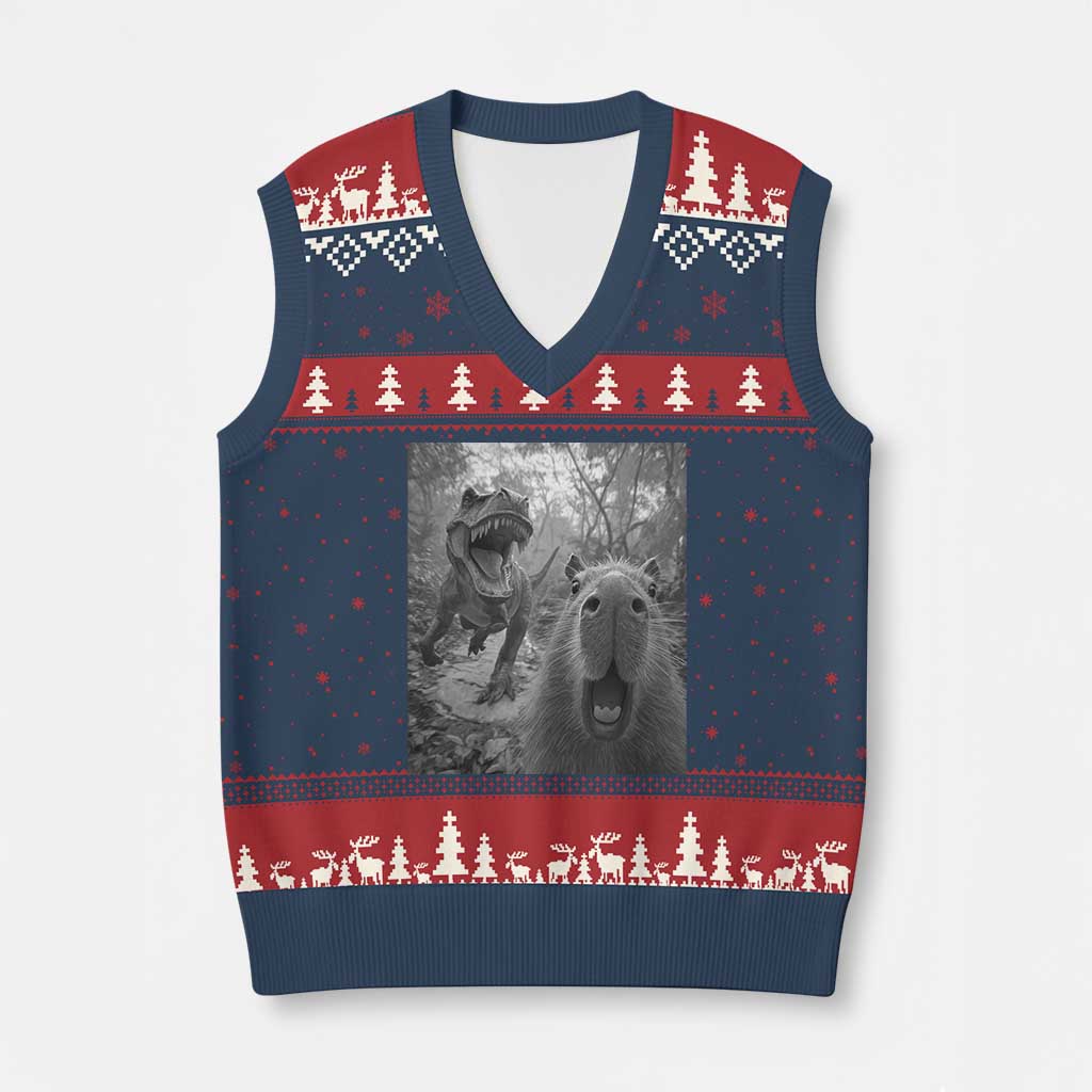 Funny Capybara Selfie With Dinosaur Meme V-Neck Knit Sweater Vest Animal Humor Gift TS12 Navy Red Print Your Wear