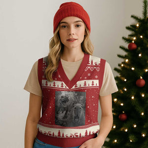 Funny Capybara Selfie With Dinosaur Meme V-Neck Knit Sweater Vest Animal Humor Gift TS12 Red Beige Print Your Wear