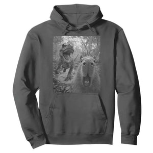 Funny Capybara Selfie With Dinosaur Meme Hoodie Animal Humor Gift TS12 Dark Heather Print Your Wear