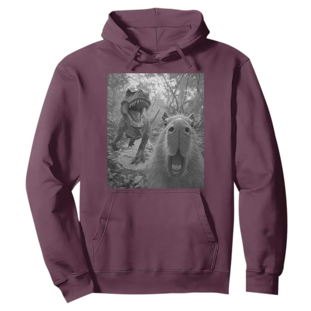 Funny Capybara Selfie With Dinosaur Meme Hoodie Animal Humor Gift TS12 Maroon Print Your Wear