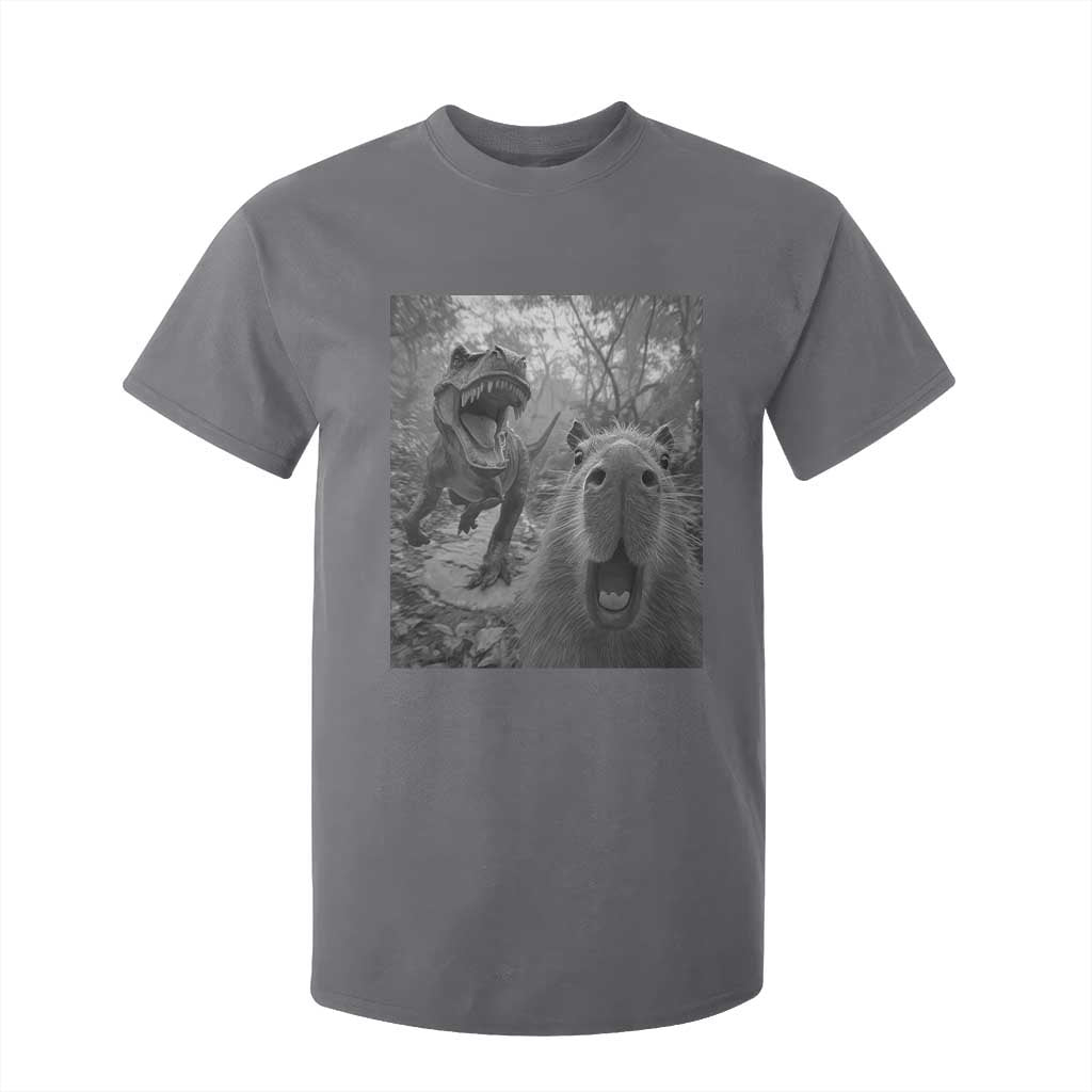 Funny Capybara Selfie With Dinosaur Meme T Shirt For Kid Animal Humor Gift TS12 Charcoal Print Your Wear