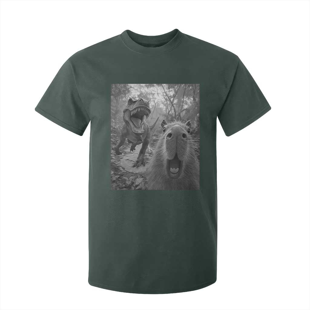 Funny Capybara Selfie With Dinosaur Meme T Shirt For Kid Animal Humor Gift TS12 Dark Forest Green Print Your Wear