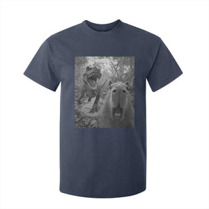 Funny Capybara Selfie With Dinosaur Meme T Shirt For Kid Animal Humor Gift TS12 Navy Print Your Wear