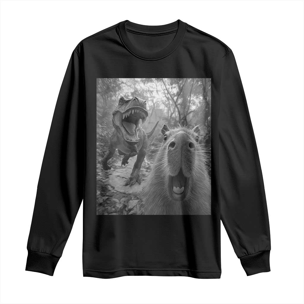 Funny Capybara Selfie With Dinosaur Meme Long Sleeve Shirt Animal Humor Gift TS12 Black Print Your Wear