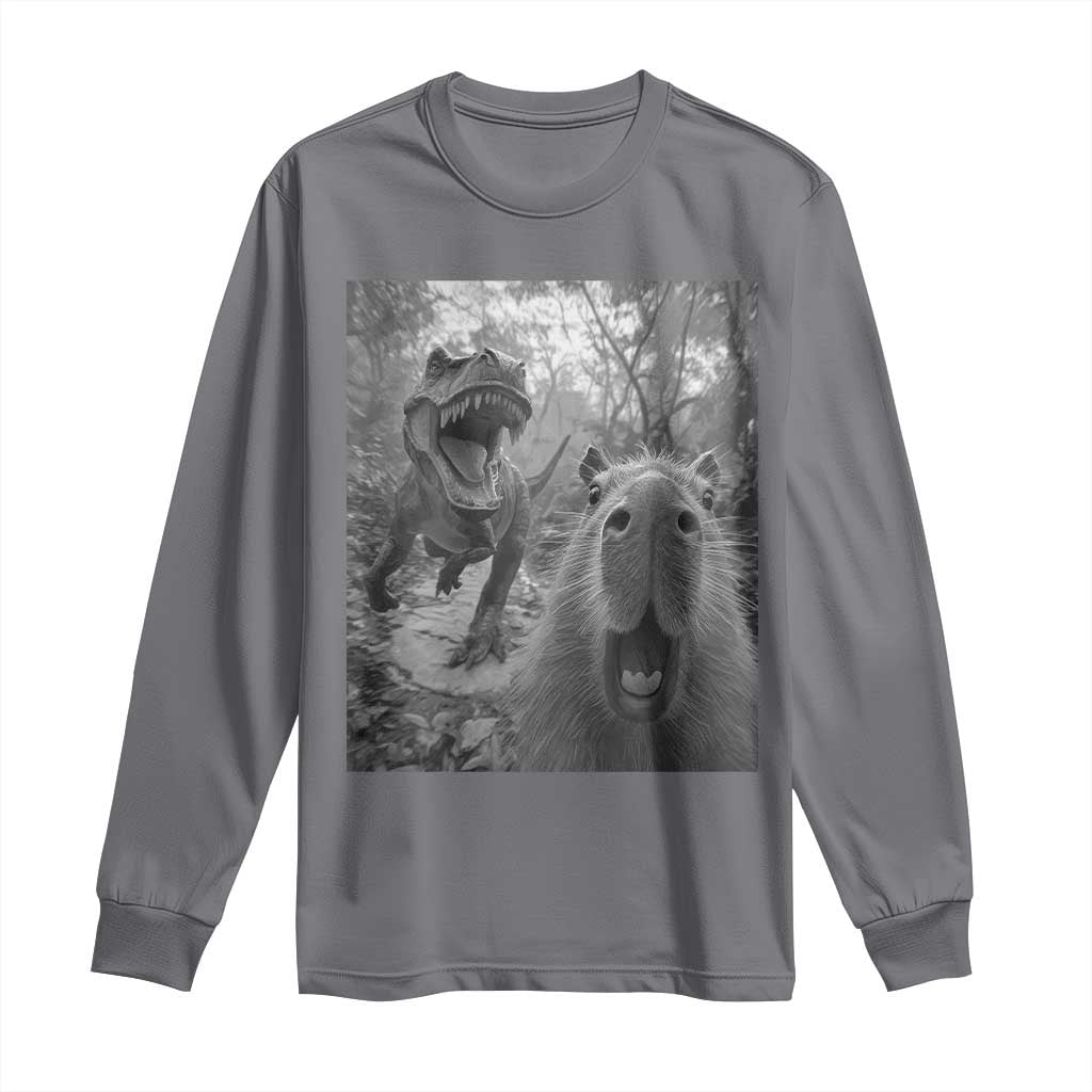Funny Capybara Selfie With Dinosaur Meme Long Sleeve Shirt Animal Humor Gift TS12 Charcoal Print Your Wear