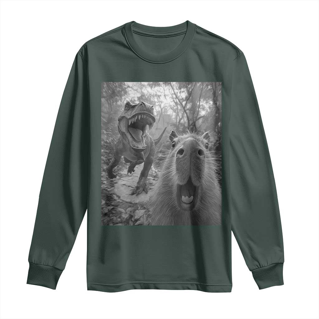 Funny Capybara Selfie With Dinosaur Meme Long Sleeve Shirt Animal Humor Gift TS12 Dark Forest Green Print Your Wear
