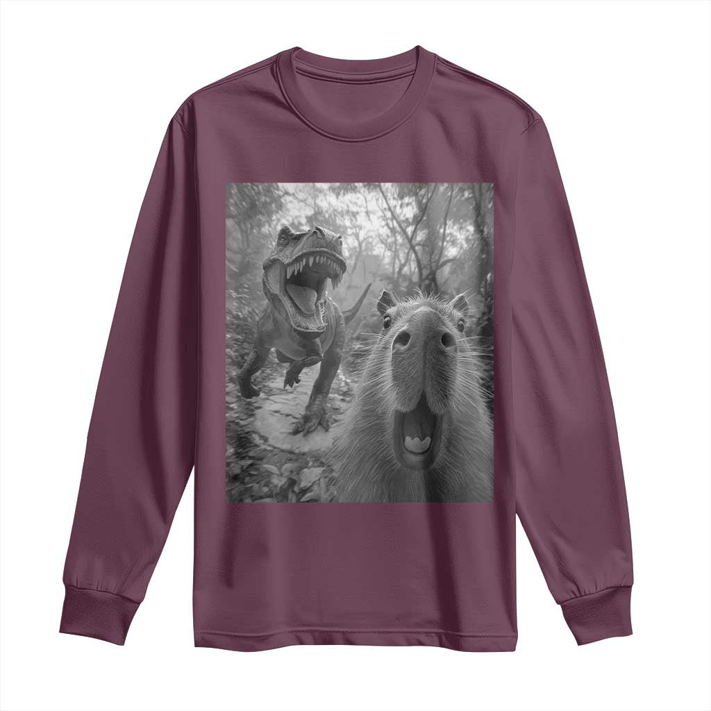 Funny Capybara Selfie With Dinosaur Meme Long Sleeve Shirt Animal Humor Gift TS12 Maroon Print Your Wear