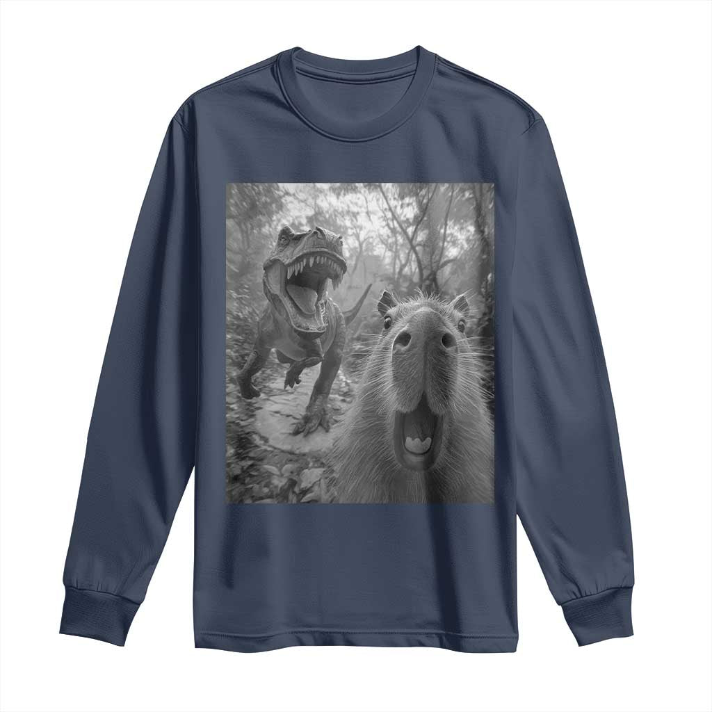 Funny Capybara Selfie With Dinosaur Meme Long Sleeve Shirt Animal Humor Gift TS12 Navy Print Your Wear