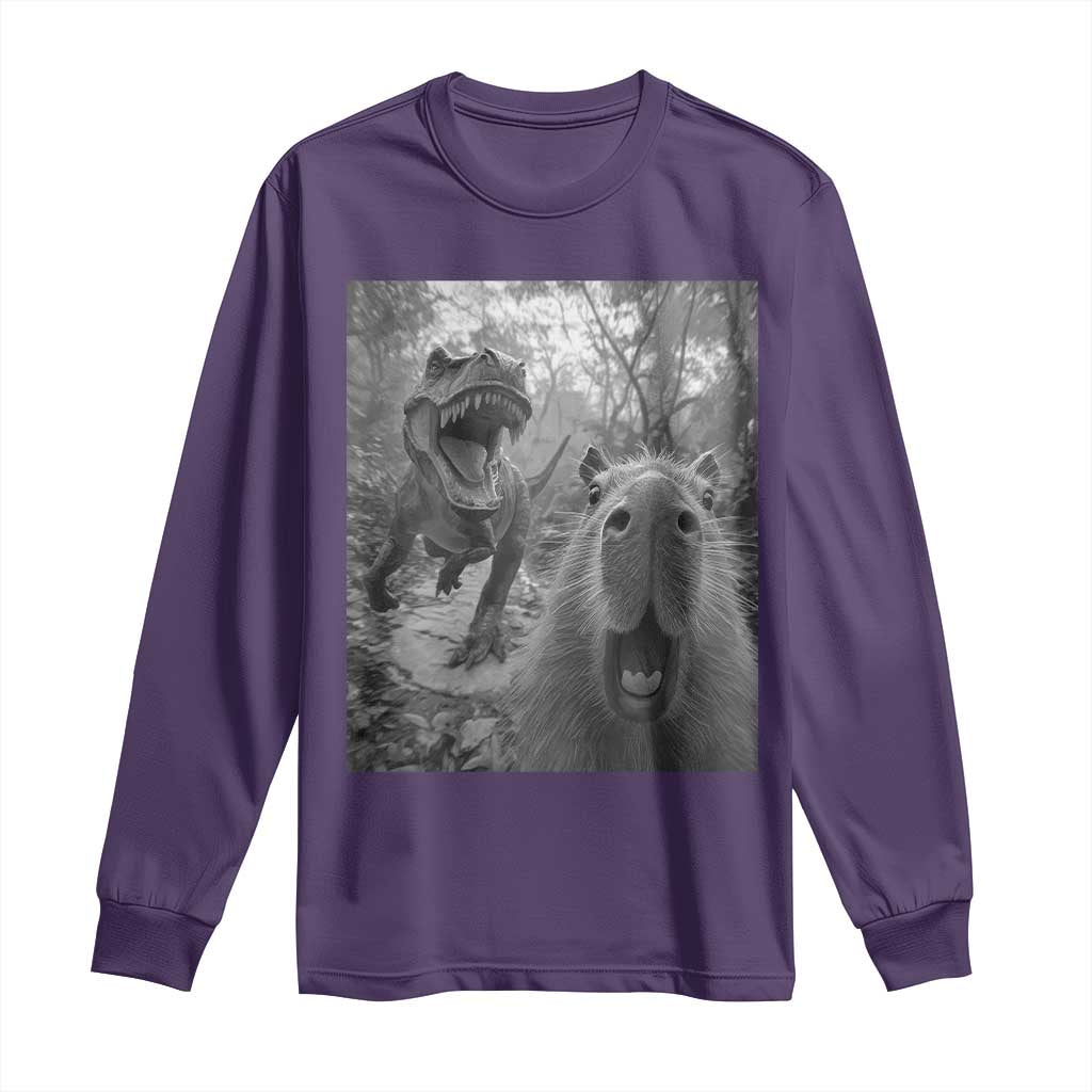 Funny Capybara Selfie With Dinosaur Meme Long Sleeve Shirt Animal Humor Gift TS12 Purple Print Your Wear