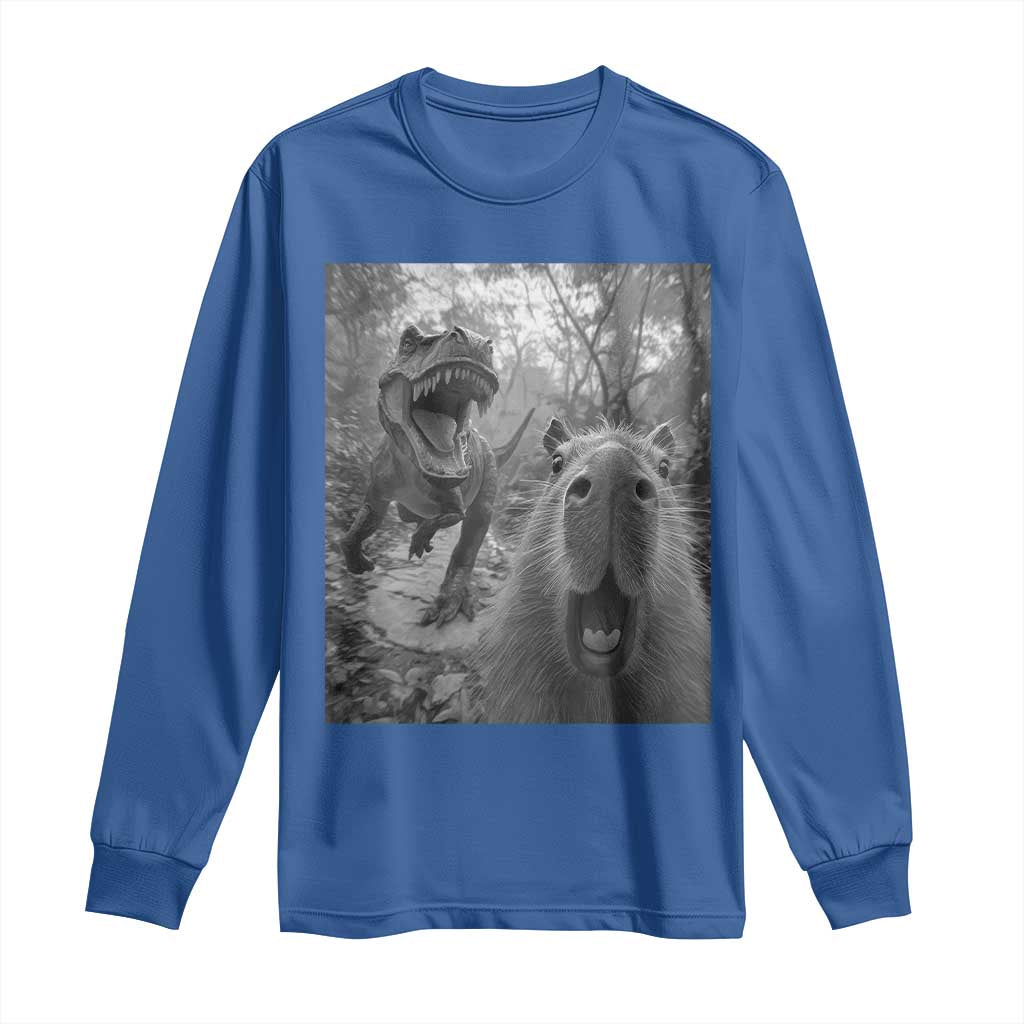 Funny Capybara Selfie With Dinosaur Meme Long Sleeve Shirt Animal Humor Gift TS12 Royal Blue Print Your Wear