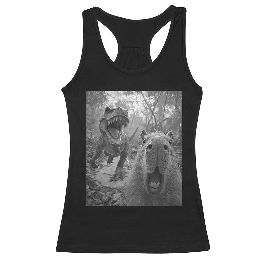 Funny Capybara Selfie With Dinosaur Meme Racerback Tank Top Animal Humor Gift TS12 Black Print Your Wear