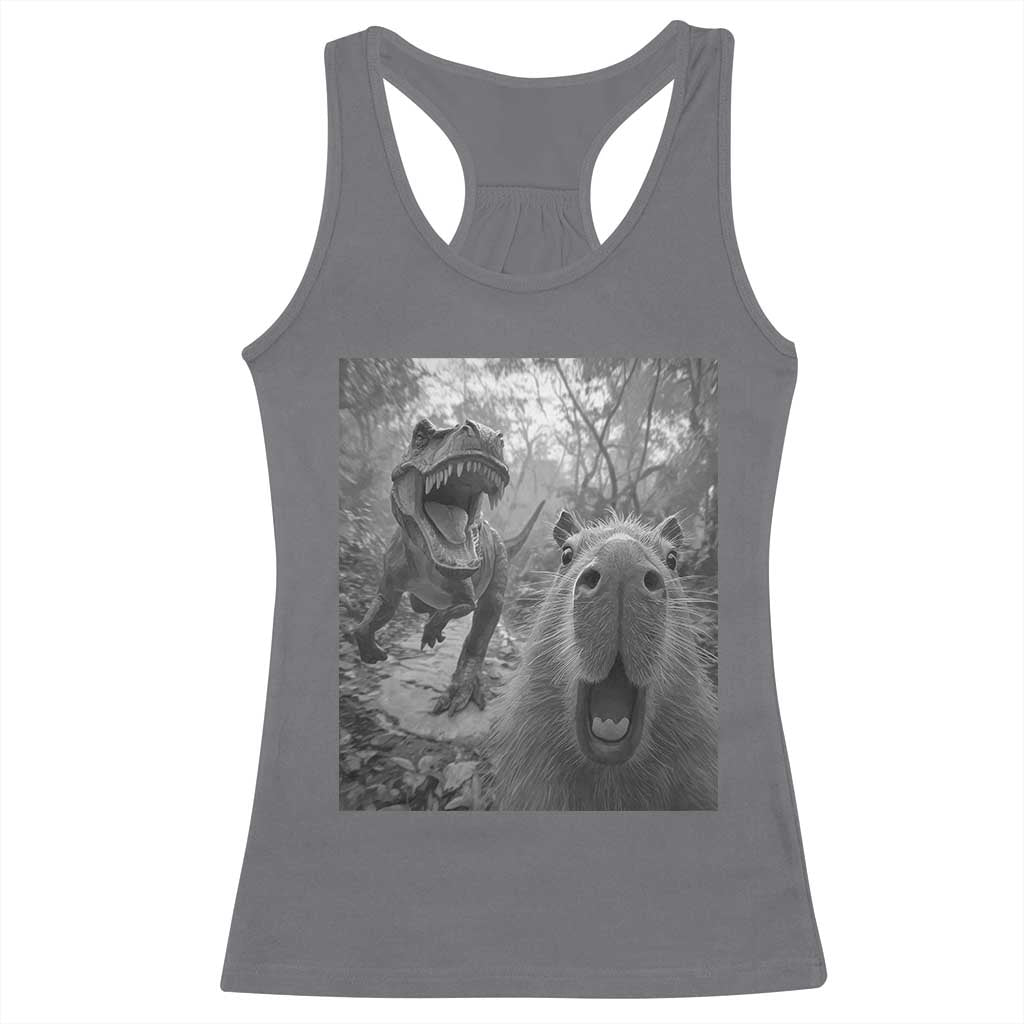 Funny Capybara Selfie With Dinosaur Meme Racerback Tank Top Animal Humor Gift TS12 Charcoal Print Your Wear