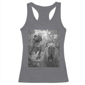 Funny Capybara Selfie With Dinosaur Meme Racerback Tank Top Animal Humor Gift TS12 Charcoal Print Your Wear