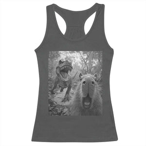 Funny Capybara Selfie With Dinosaur Meme Racerback Tank Top Animal Humor Gift TS12 Dark Heather Print Your Wear
