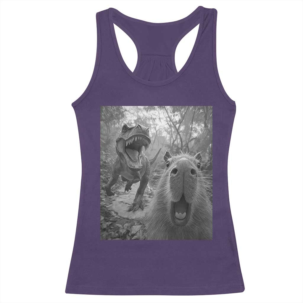 Funny Capybara Selfie With Dinosaur Meme Racerback Tank Top Animal Humor Gift TS12 Purple Print Your Wear