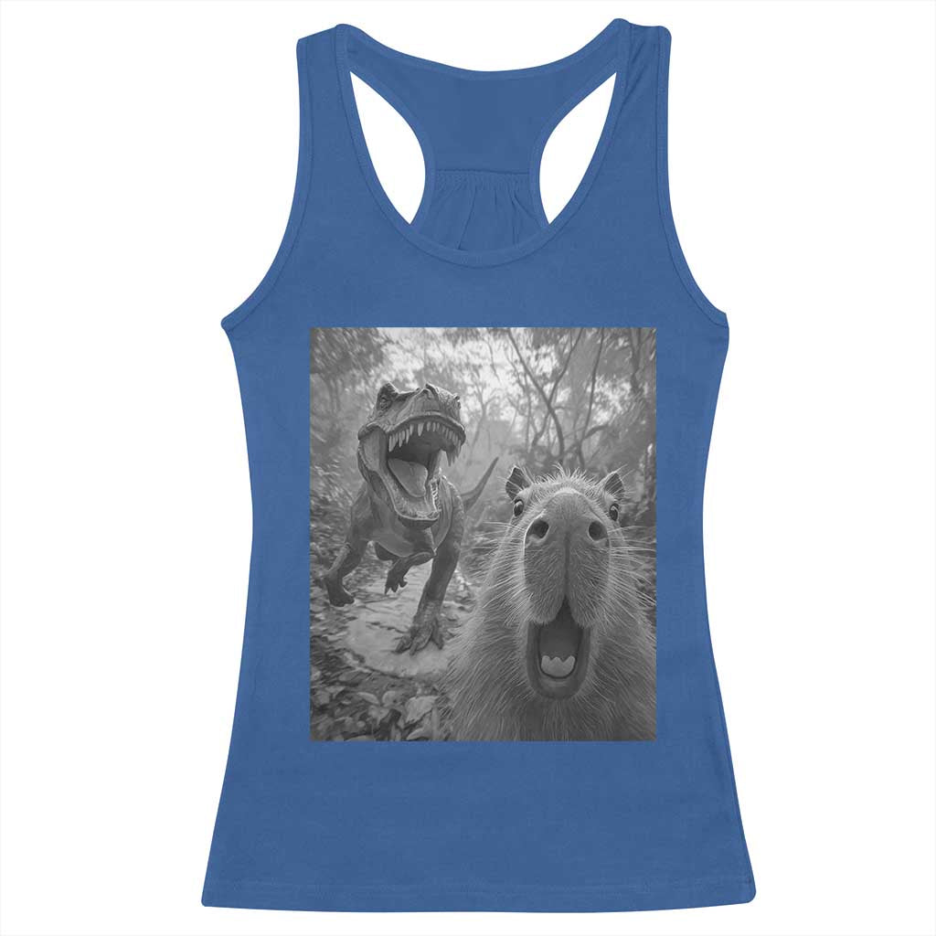 Funny Capybara Selfie With Dinosaur Meme Racerback Tank Top Animal Humor Gift TS12 Royal Blue Print Your Wear
