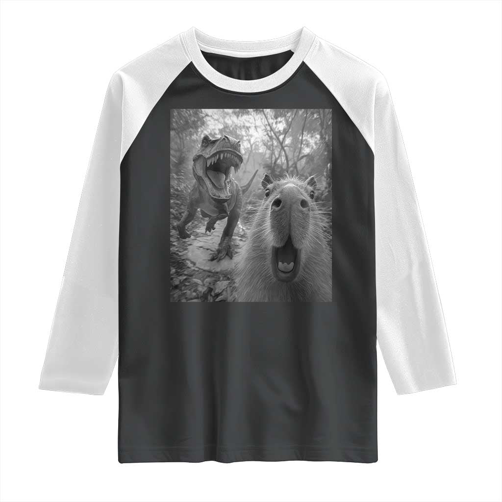 Funny Capybara Selfie With Dinosaur Meme Raglan Shirt Animal Humor Gift TS12 Black White Print Your Wear
