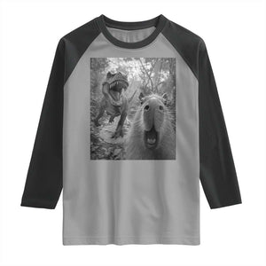 Funny Capybara Selfie With Dinosaur Meme Raglan Shirt Animal Humor Gift TS12 Sport Gray Black Print Your Wear