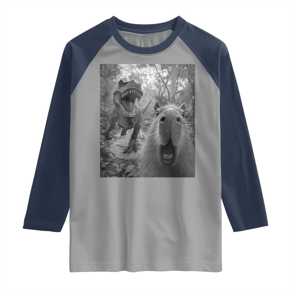 Funny Capybara Selfie With Dinosaur Meme Raglan Shirt Animal Humor Gift TS12 Sport Gray Navy Print Your Wear