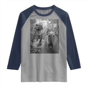 Funny Capybara Selfie With Dinosaur Meme Raglan Shirt Animal Humor Gift TS12 Sport Gray Navy Print Your Wear