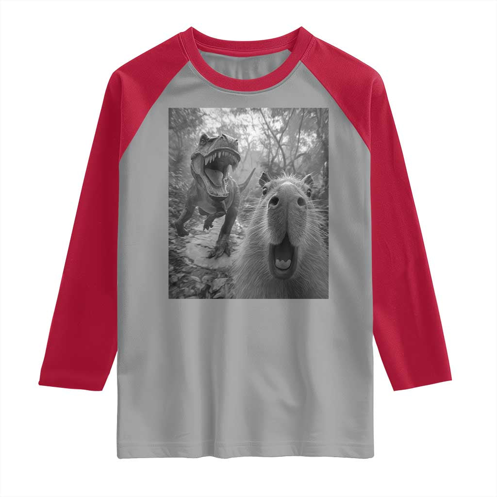 Funny Capybara Selfie With Dinosaur Meme Raglan Shirt Animal Humor Gift TS12 Sport Gray Red Print Your Wear