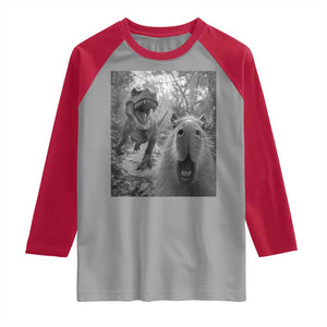 Funny Capybara Selfie With Dinosaur Meme Raglan Shirt Animal Humor Gift TS12 Sport Gray Red Print Your Wear