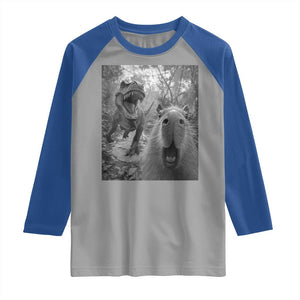 Funny Capybara Selfie With Dinosaur Meme Raglan Shirt Animal Humor Gift TS12 Sport Gray Royal Print Your Wear