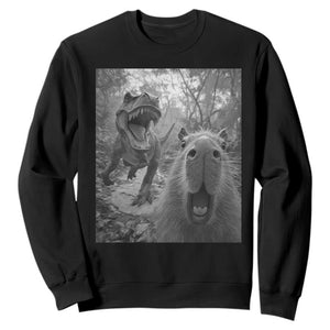 Funny Capybara Selfie With Dinosaur Meme Sweatshirt Animal Humor Gift TS12 Black Print Your Wear