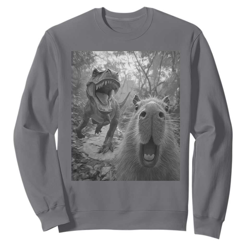 Funny Capybara Selfie With Dinosaur Meme Sweatshirt Animal Humor Gift TS12 Charcoal Print Your Wear
