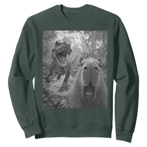Funny Capybara Selfie With Dinosaur Meme Sweatshirt Animal Humor Gift TS12 Dark Forest Green Print Your Wear