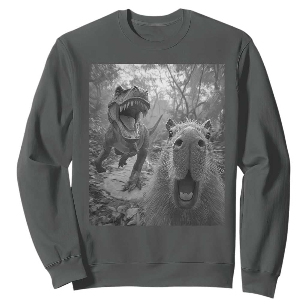 Funny Capybara Selfie With Dinosaur Meme Sweatshirt Animal Humor Gift TS12 Dark Heather Print Your Wear