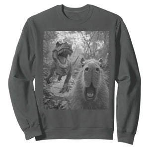 Funny Capybara Selfie With Dinosaur Meme Sweatshirt Animal Humor Gift TS12 Dark Heather Print Your Wear