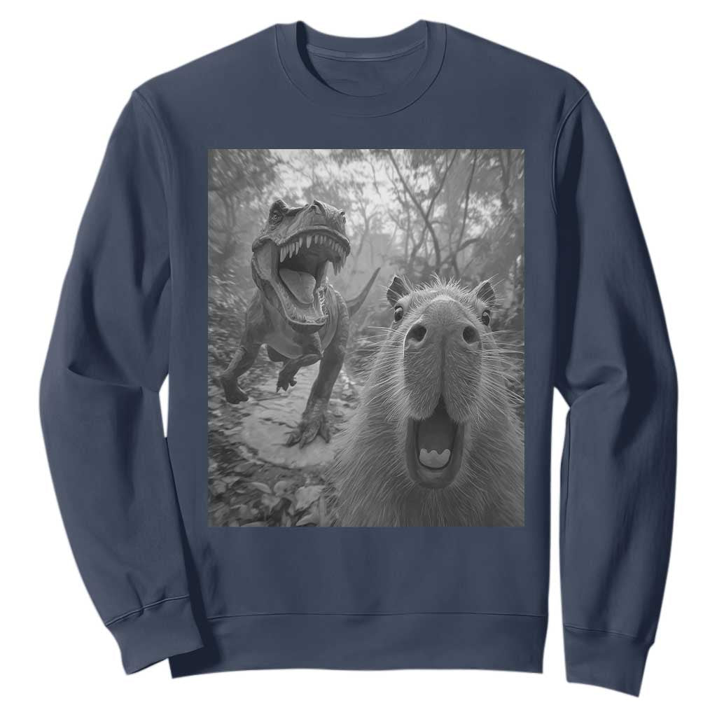 Funny Capybara Selfie With Dinosaur Meme Sweatshirt Animal Humor Gift TS12 Navy Print Your Wear